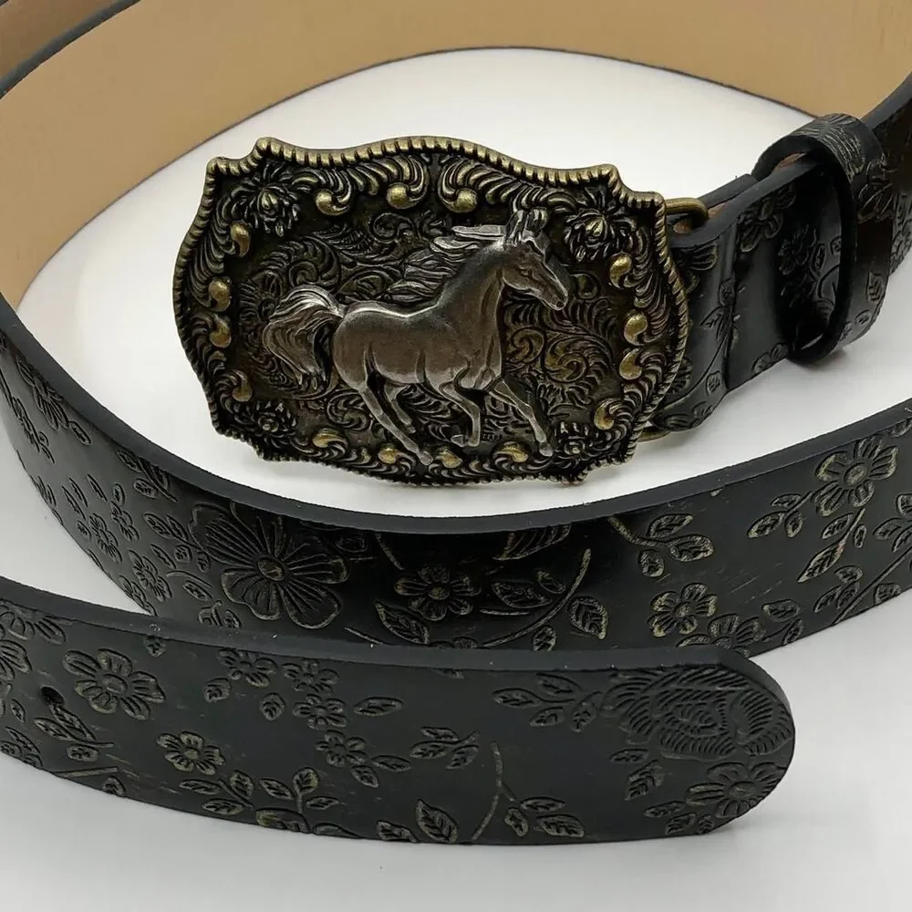 Women's Black Faux Leather Western Belt w/ Horse Buckle, 36.5-45.5 in, X7G9A966